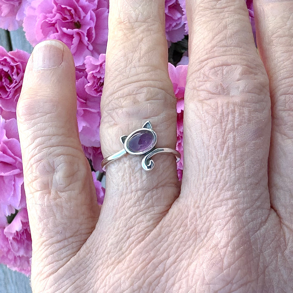 Amethyst Sterling Silver Cat Ring on ring finger