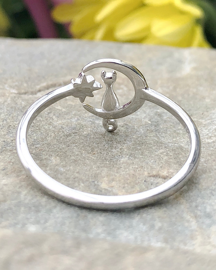 Sterling Silver Cat on Moon Ring