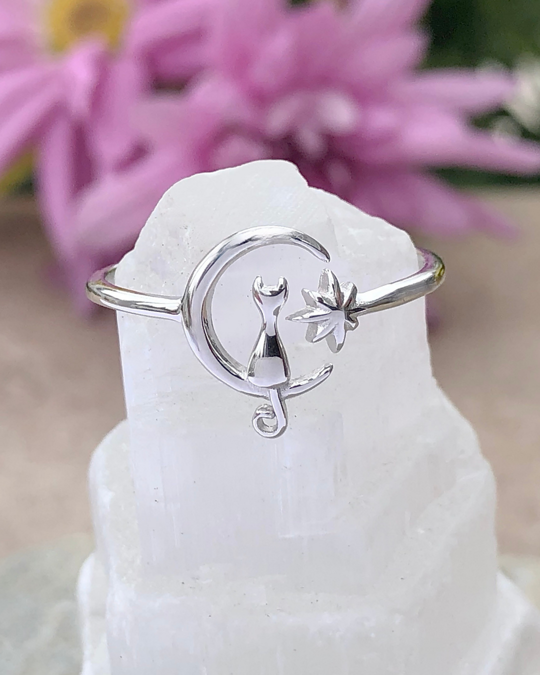 Sterling Silver Cat on Moon Ring