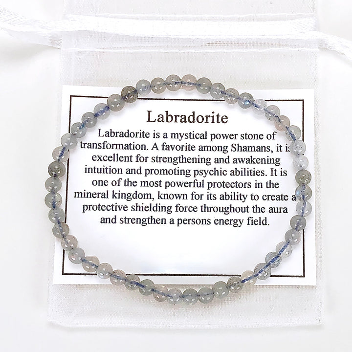 Children's Labradorite 4mm Gemstone Bracelet with description Card