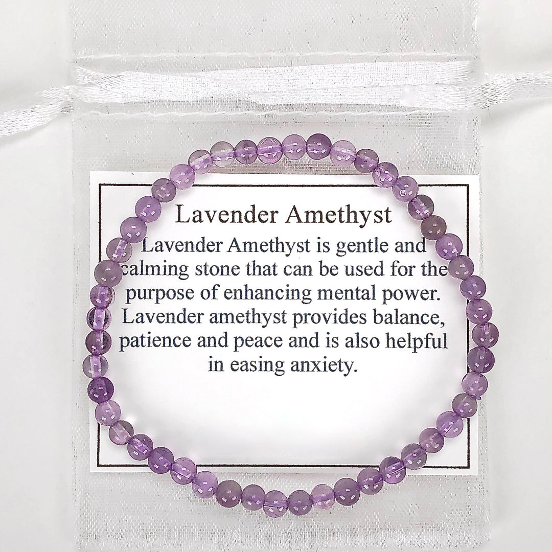 Children's Lavender Amethyst 4mm Gemstone Bracelet with a description card