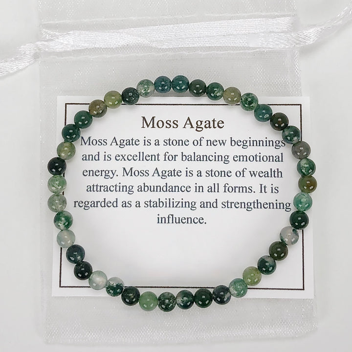 Children's Moss Agate 4mm Gemstone Bracelet with Description Card