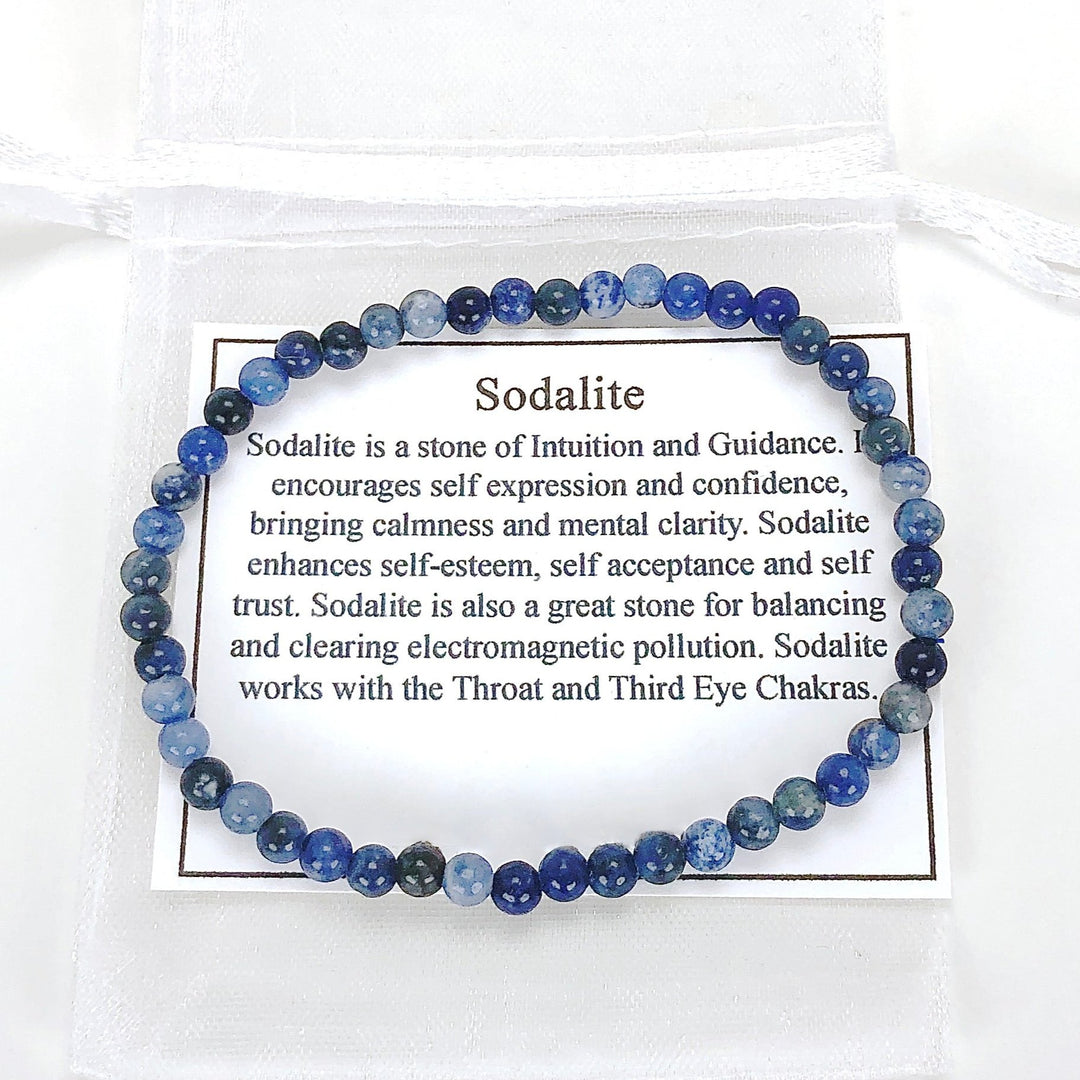 Children's Sodalite 4mm Gemstone Bracelet with a description card