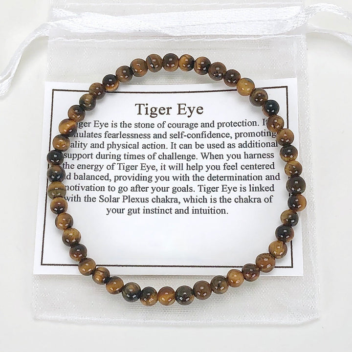 Children's Tiger Eye 4mm Gemstone Bracelet with a description card