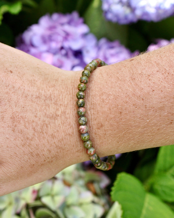 Children's Unakite 4mm Gemstone Bracelet on a wrist