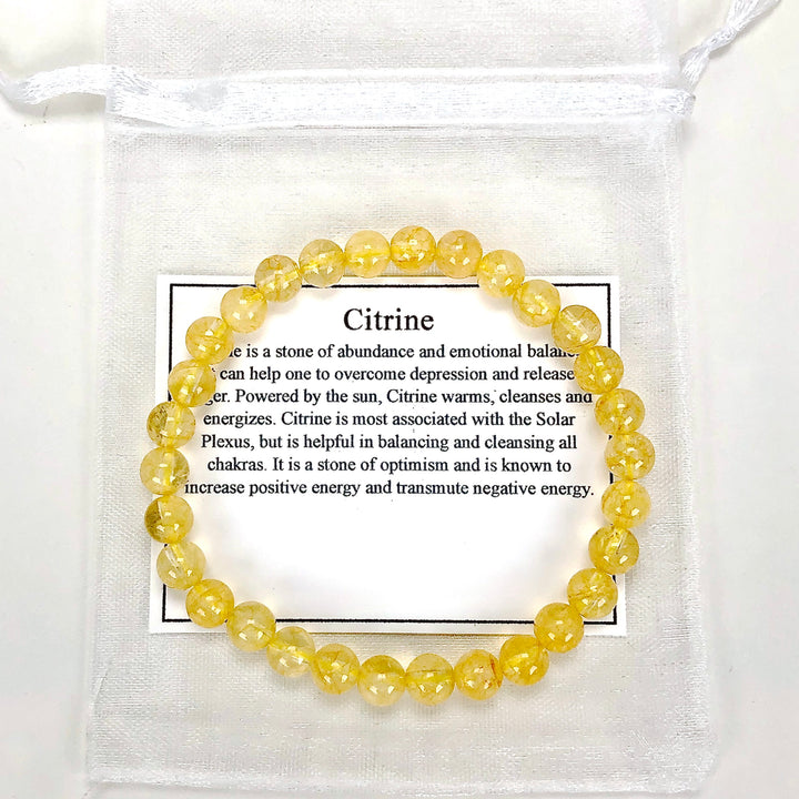 Citrine 6mm Beaded Gemstone Bracelet with a description card