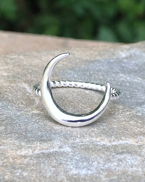 Sterling Silver Crescent Moon Ring with Rope Band