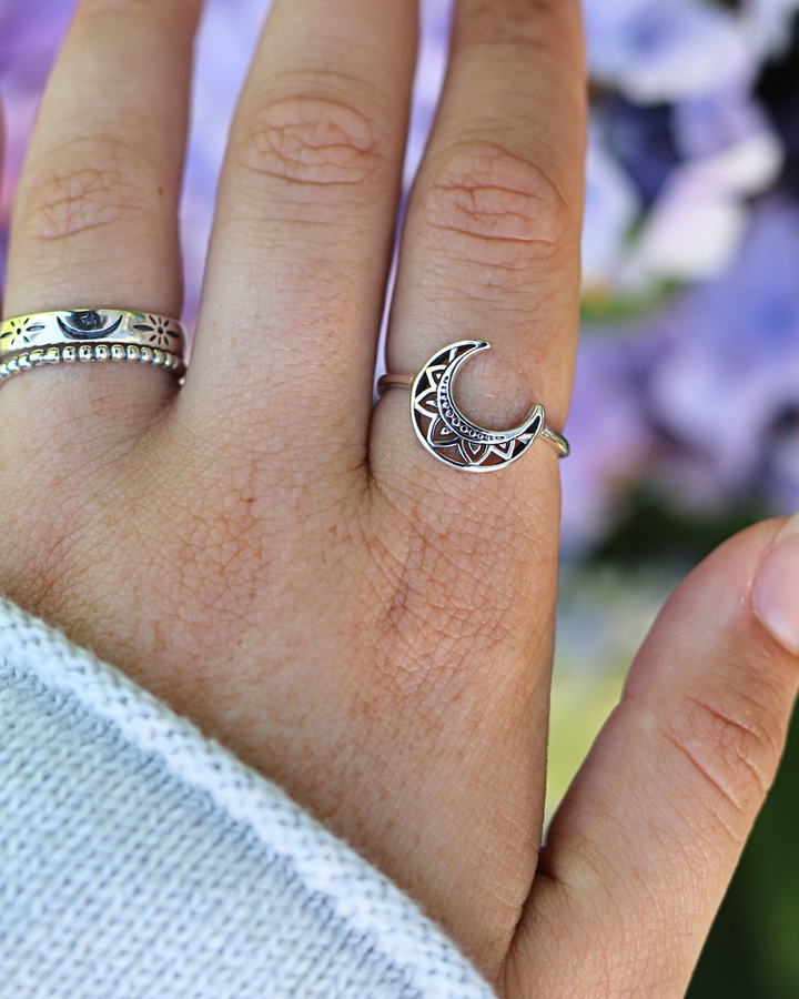 Crescent Moon Ring on finger