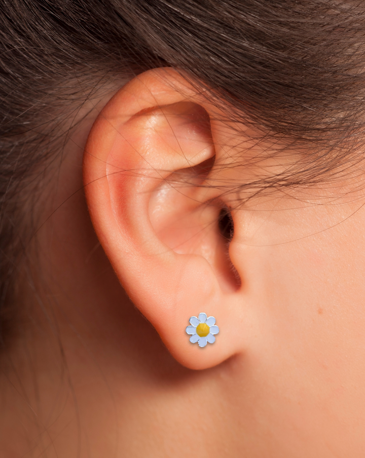 Daisy Sterling Silver Earrings on ear