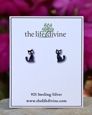 Sterling Silver Black Cat with CZ Eyes Stud Earrings