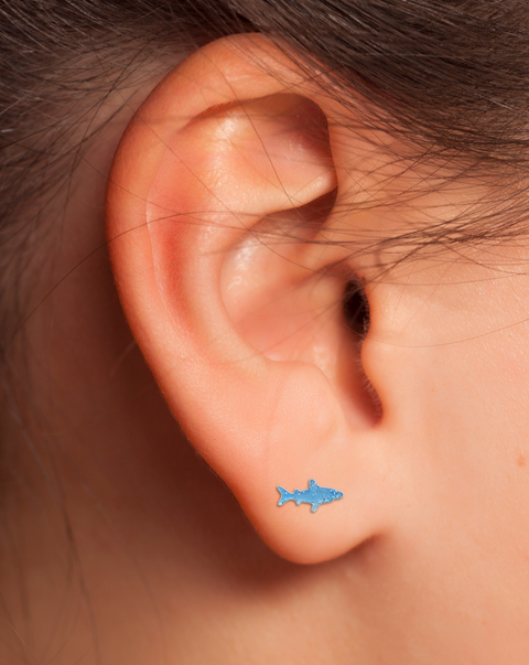 Blue Shark Earring on Ear.