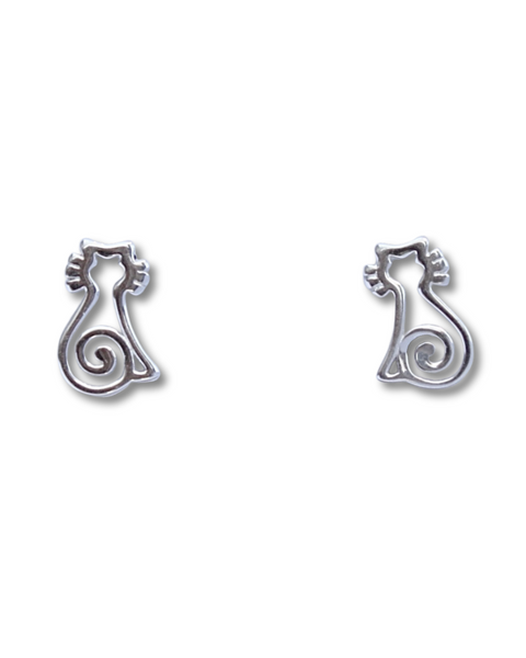 Sterling Silver Cat With Whiskers Stud Earrings