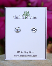 Sterling Silver Cat Face and Paw Print Stud Earrings