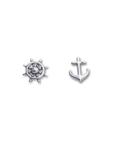 Sterling Silver Helm and Anchor Stud Earrings