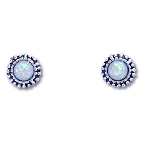 Sterling Silver Bali Style White Lab Opal Stud Earrings