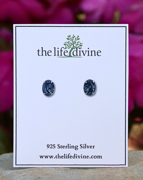 Sterling Silver Blue Oval CZ Stud Earrings