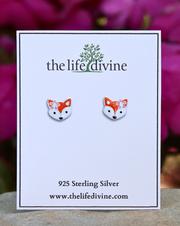 Sterling Silver Fox with Flower Stud Earrings