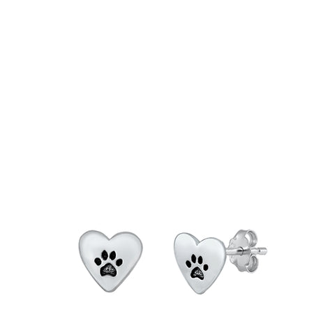Sterling Silver Paw Print With Heart Stud Earrings