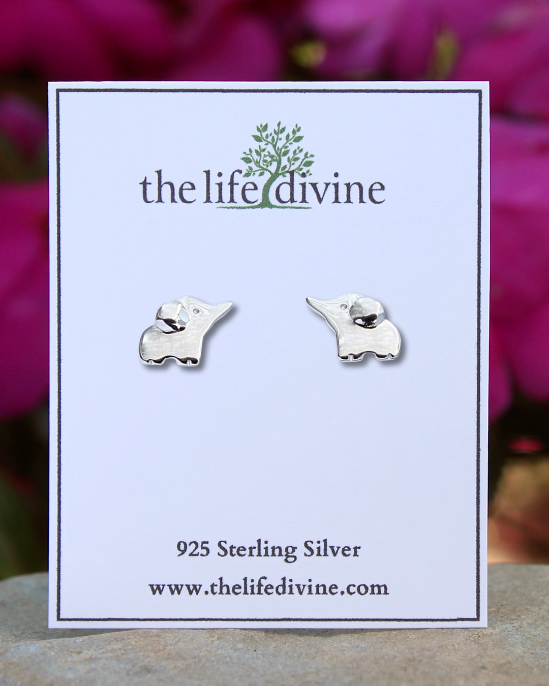 Elephant Sterling Silver Earrings on a card.