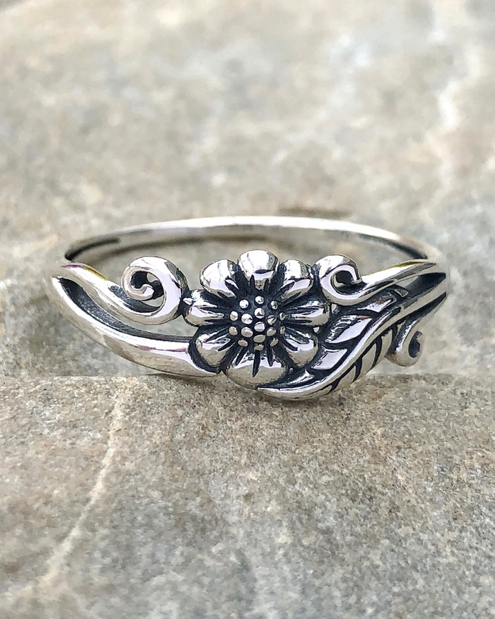 Sterling Silver Flower with Vine Ring