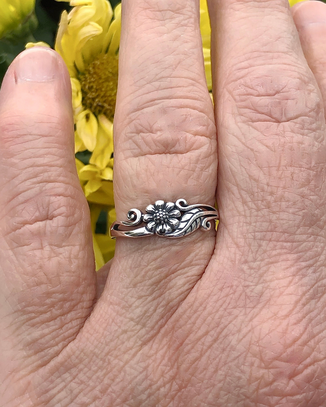 Sterling Silver Flower with Vine Ring