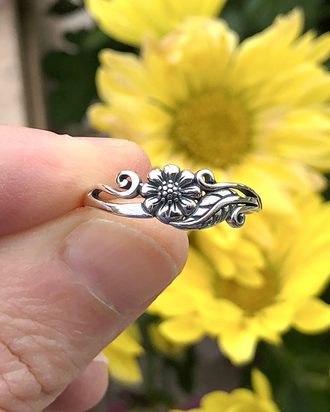 Sterling Silver Flower with Vine Ring