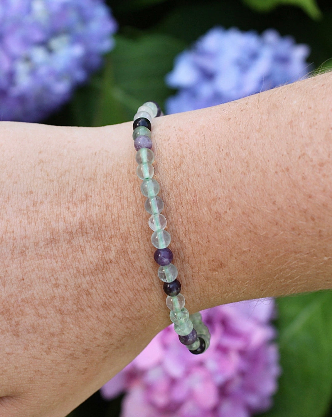 Fluorite 4mm Gemstone Bracelet on a wrist