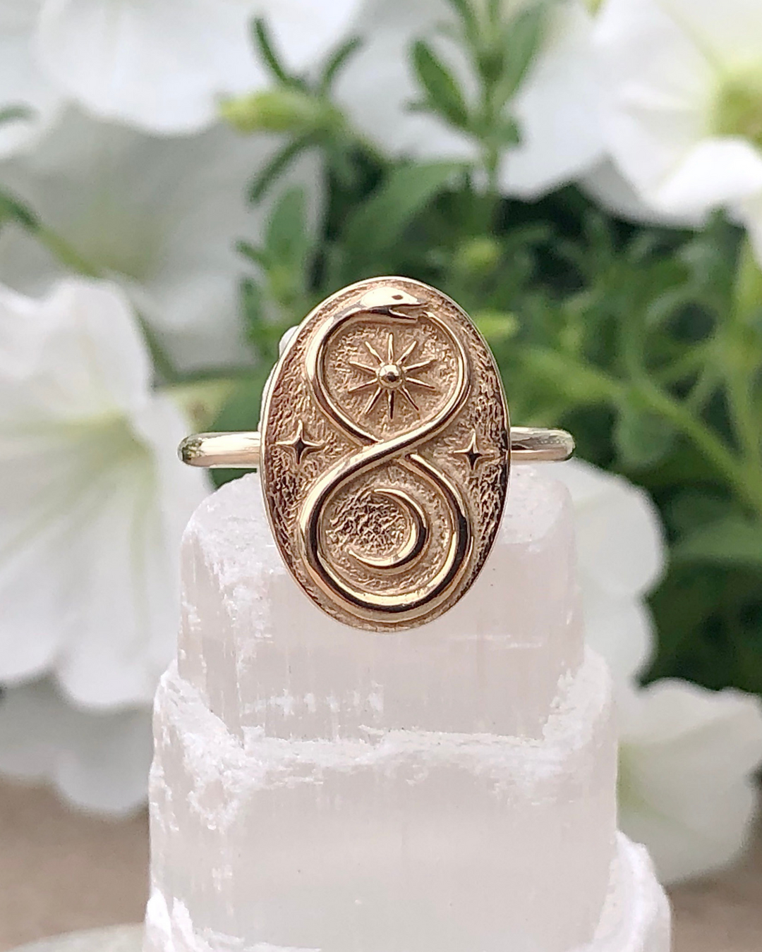 Bronze Ouroboros Ring on selenite