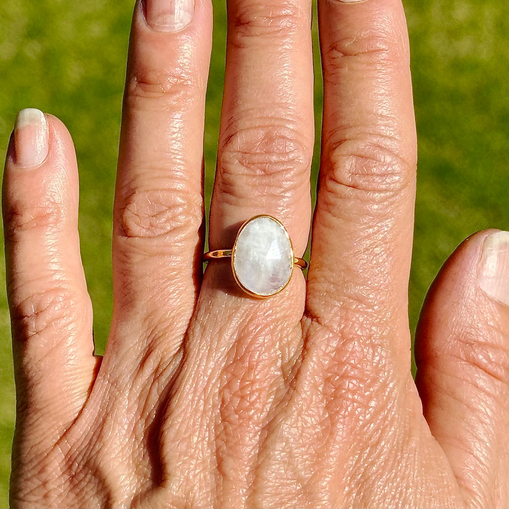 Gold Moonstone Ring on finger