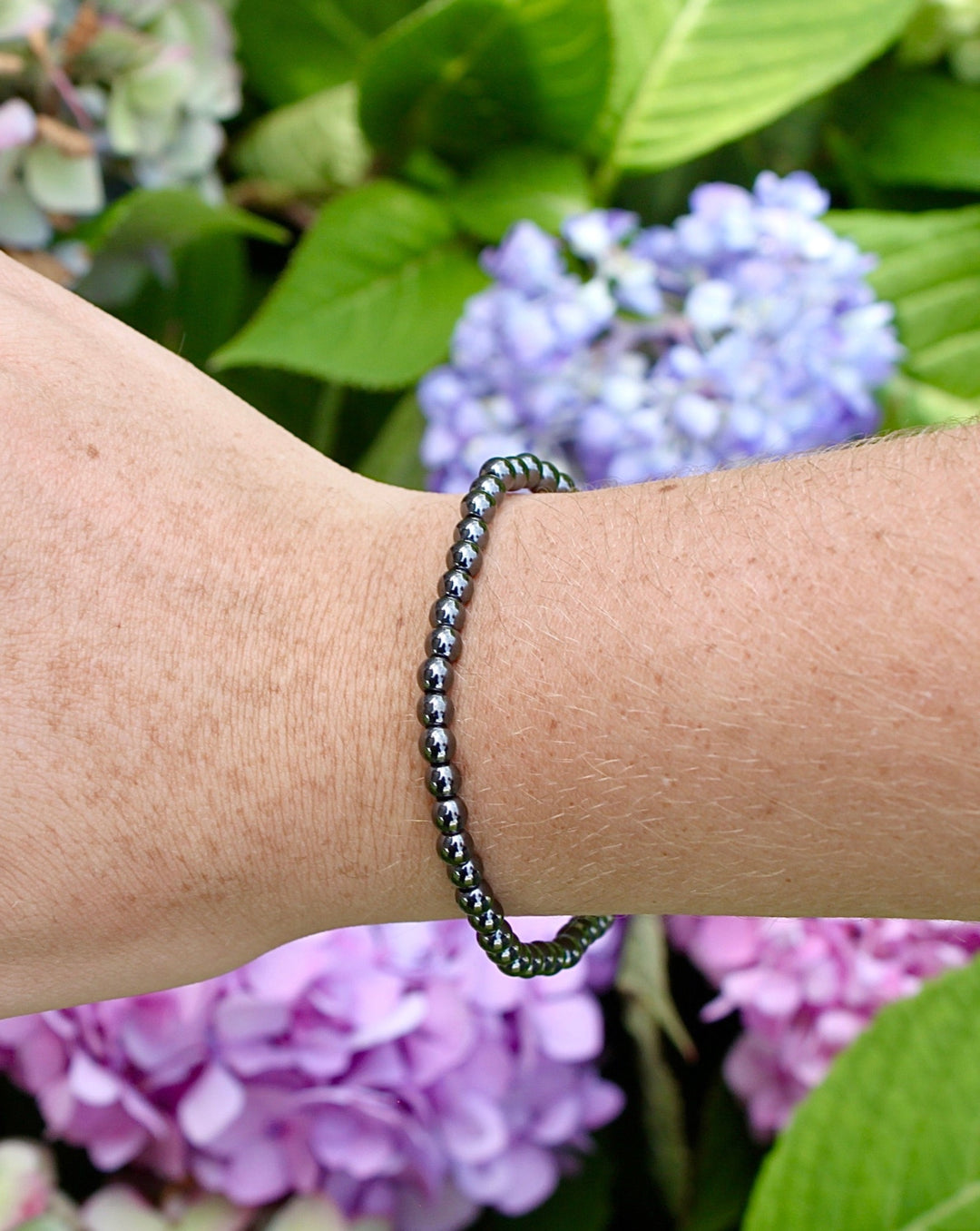 Children's Hematite 4mm Gemstone Bracelet on a Wrist