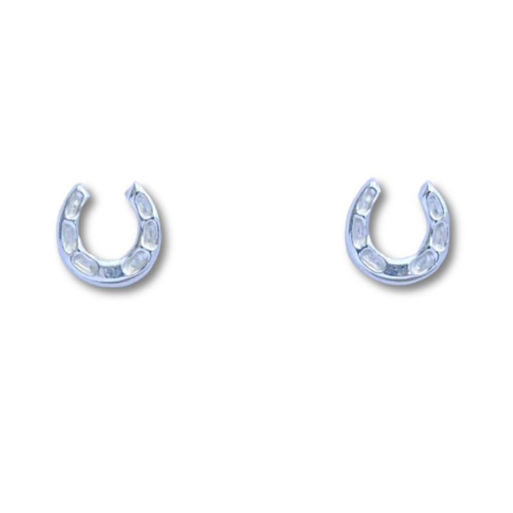 Horseshoe Sterling Silver Earrings on a White Background.