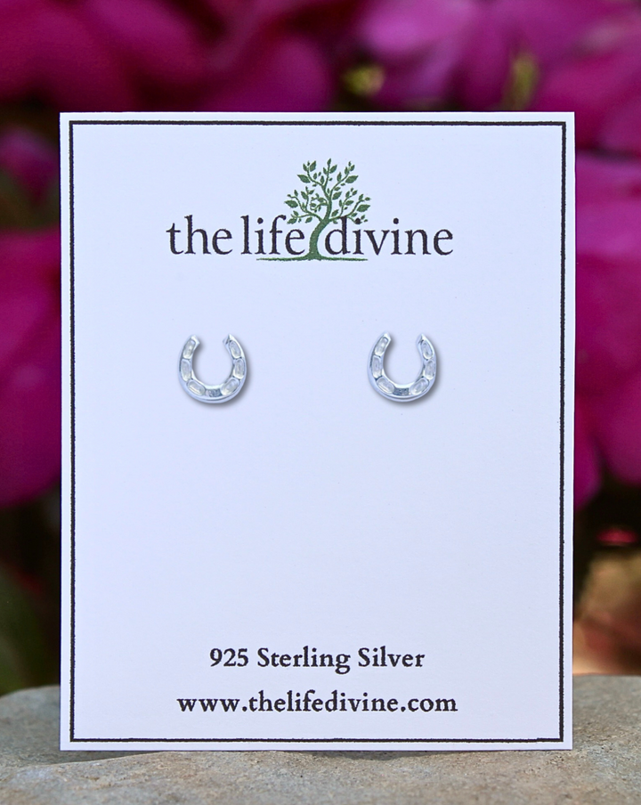 Horseshoe Sterling Silver Earrings on a card.