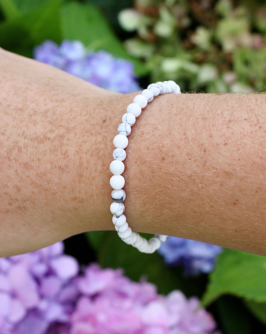 Howlite 4mm Beaded Gemstone Bracelet on a wrist