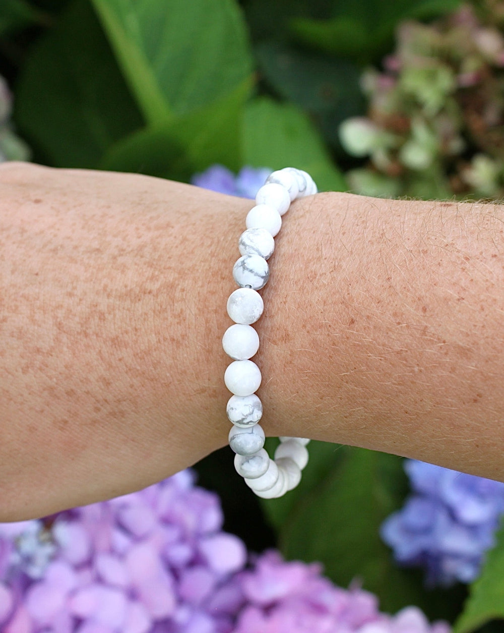 Howlite 6mm Beaded Gemstone Bracelet on a wrist