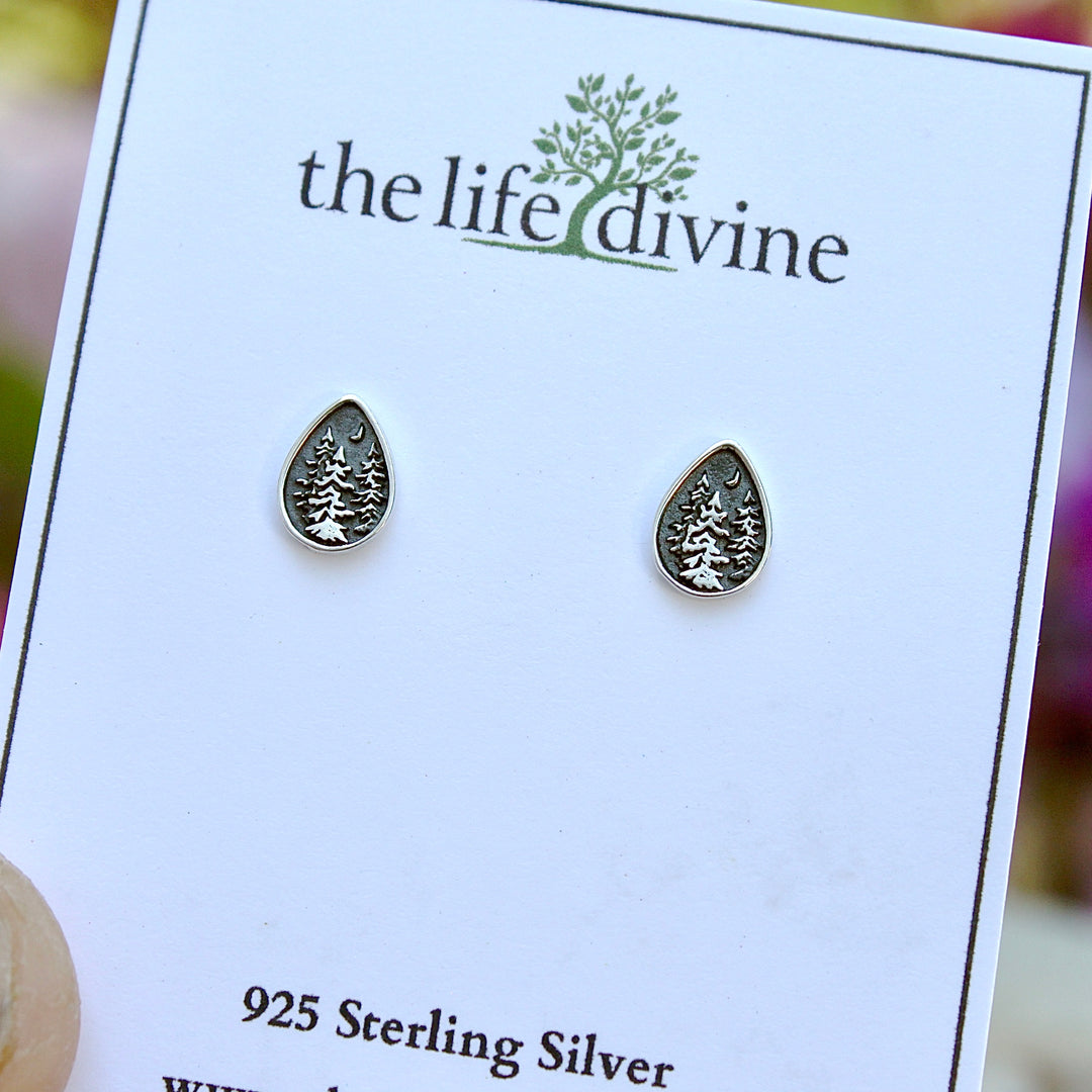 Pine Trees with Moon Silver Earrings