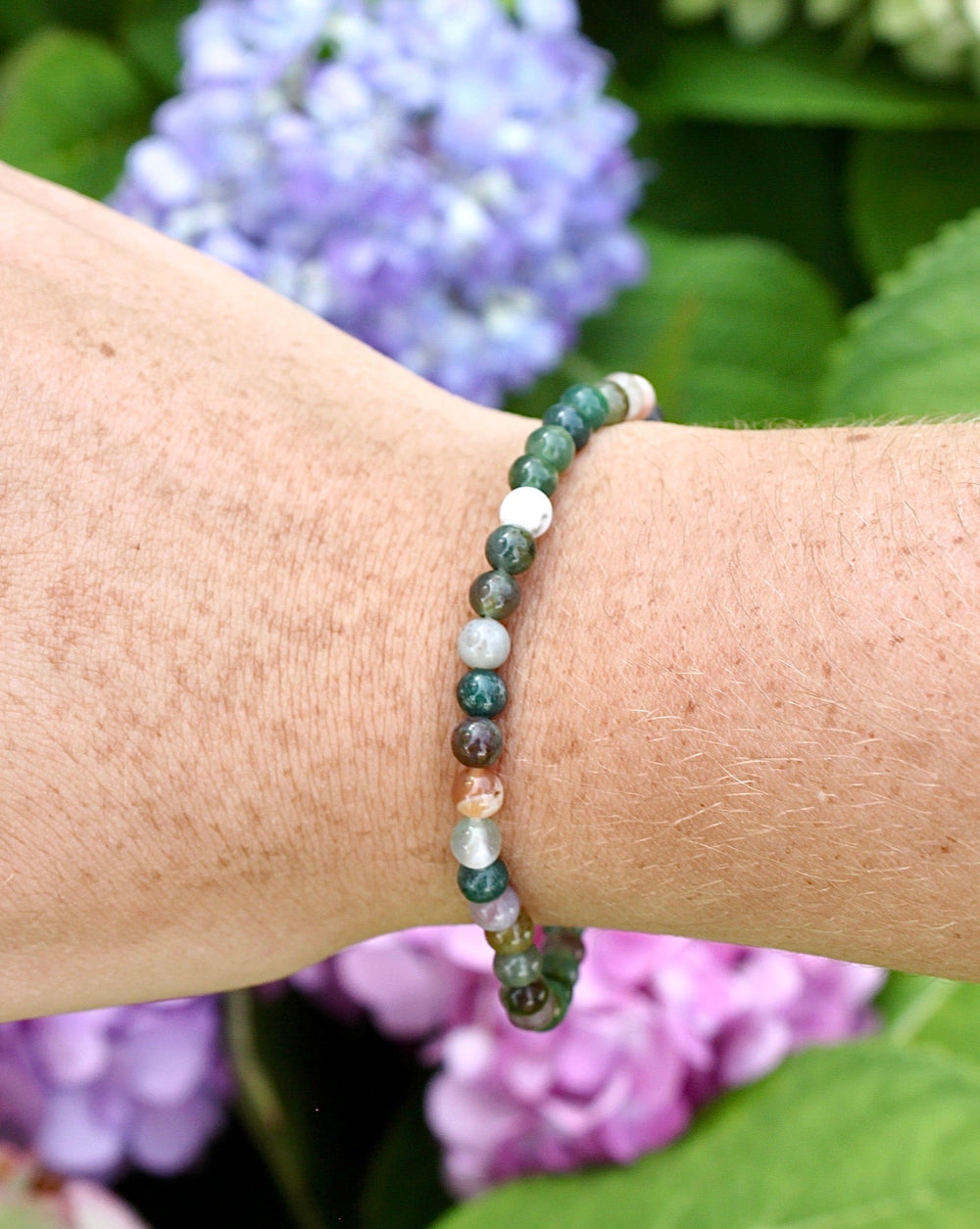 Indian Agate 4mm Beaded Gemstone Bracelet on a wrist