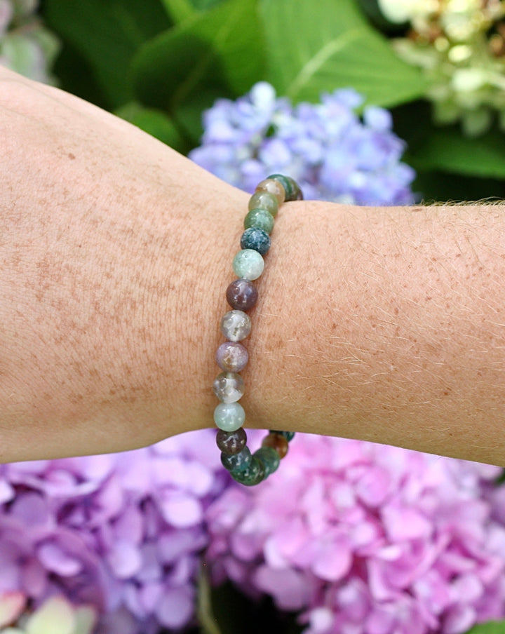 Indian Agate 6mm Beaded Gemstone Bracelet on a wrist.