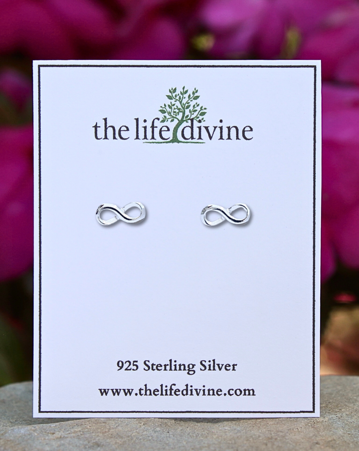 Infinity Sterling Silver Earrings on a card.