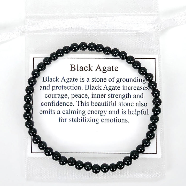 Children's Black Agate 4mm Gemstone Bracelet with Description Card