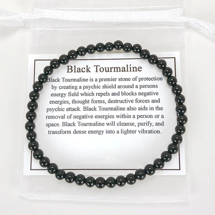 Children's Black Tourmaline 4mm Beaded Gemstone Bracelet with description Card