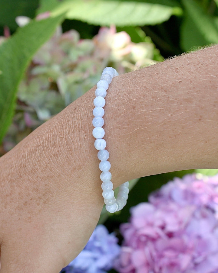 Children's Blue Lace Agate 4mm Gemstone Bracelet on a Wrist