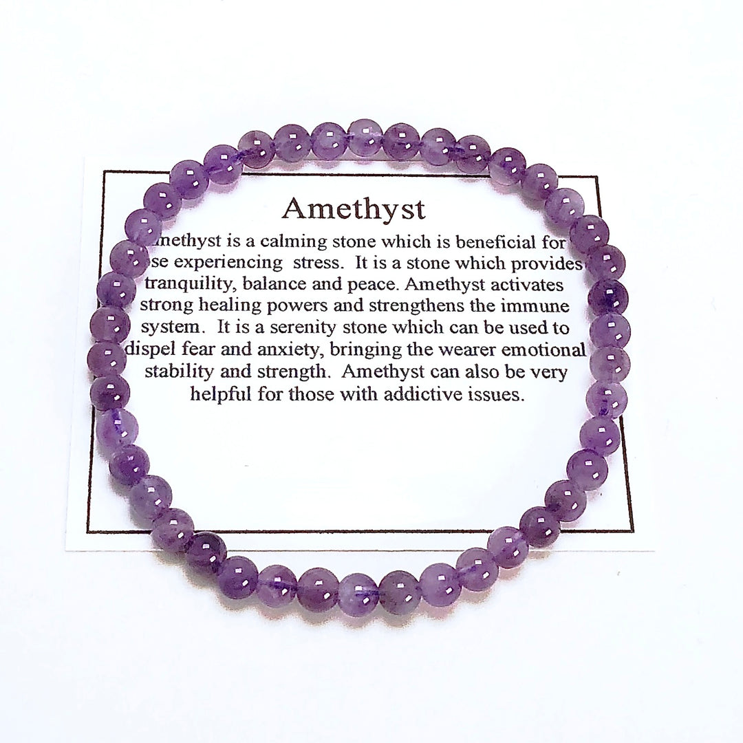 Children's Amethyst 4mm Gemstone Bracelet with Description Card.