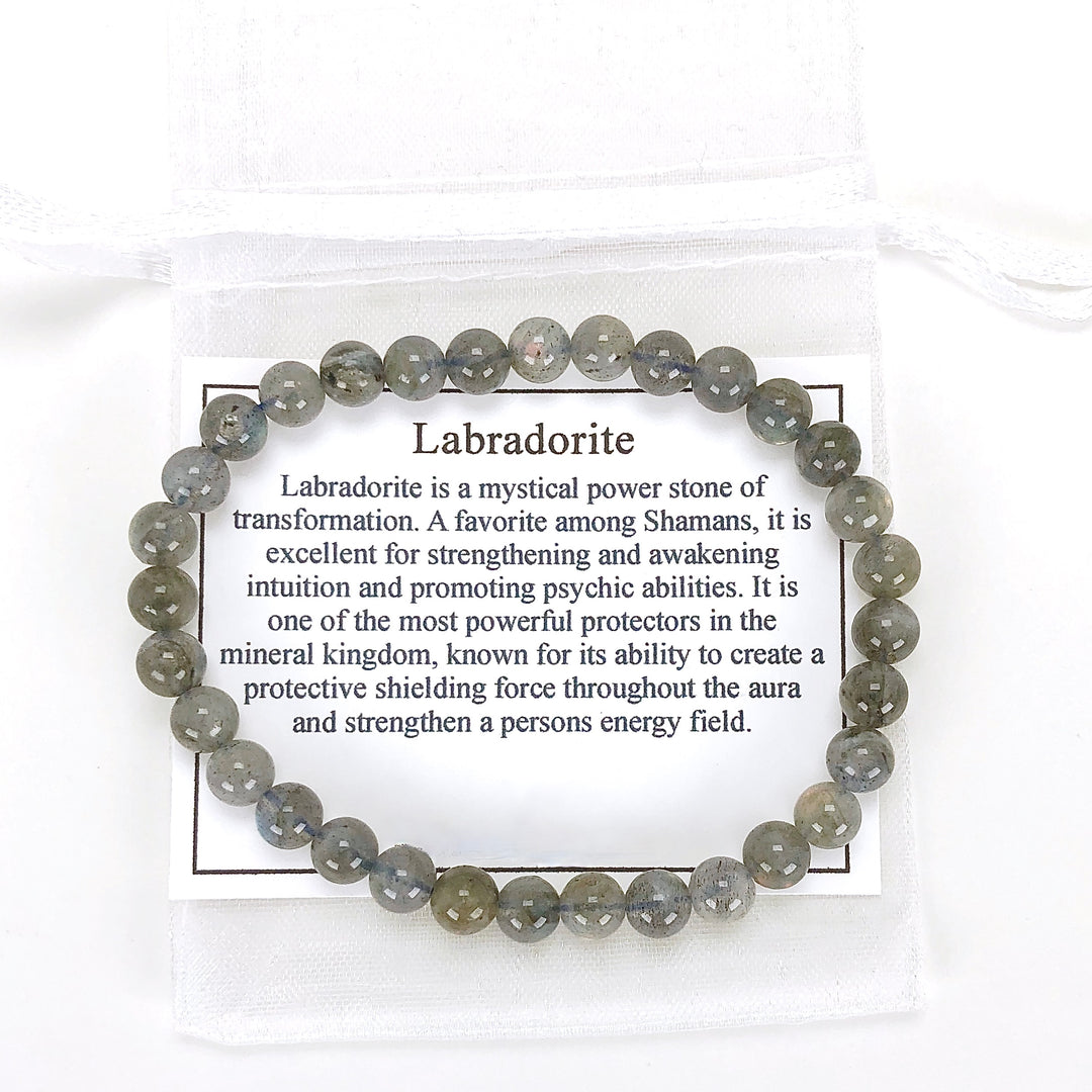 Labradorite 6mm Beaded Gemstone Bracelet with a description card.