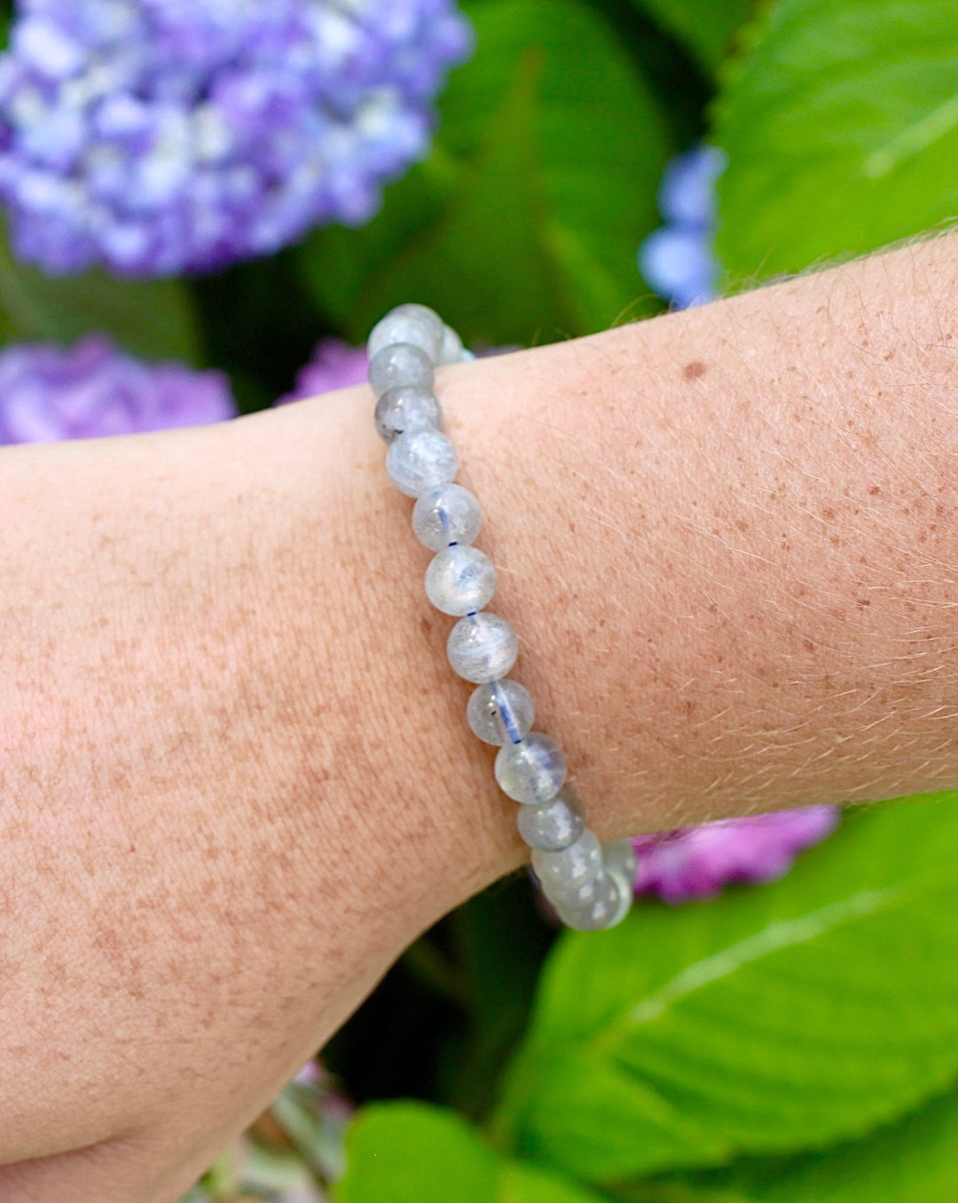 Labradorite 6mm Beaded Gemstone Bracelet on a wrist