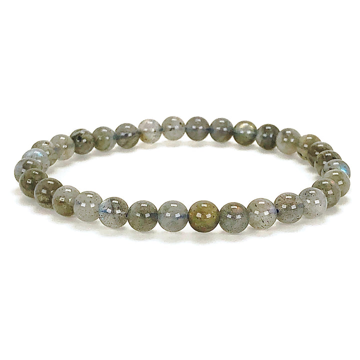 Labradorite 6mm Beaded Gemstone Bracelet on a white background.