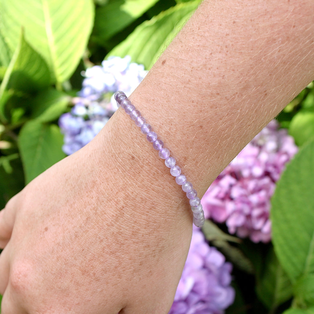 Children's Lavender Amethyst 4mm Gemstone Bracelet on a wrist