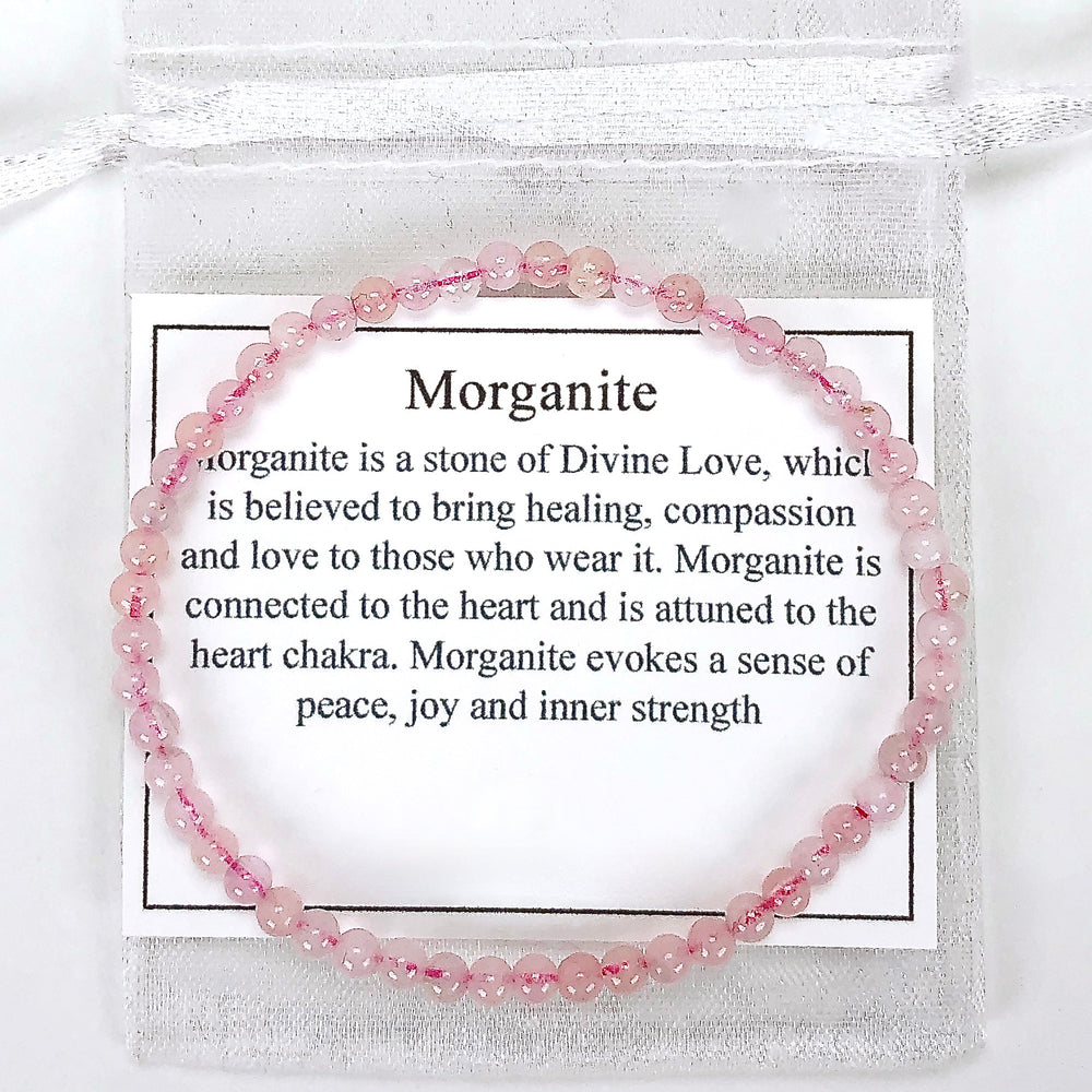 Men's Morganite 4mm Beaded Gemstone Bracelet with a description card.