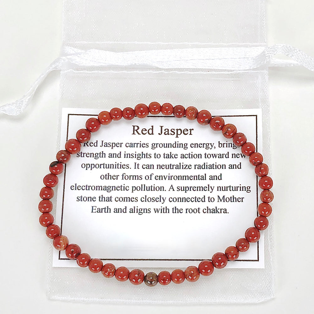 Men's Red Jasper 4mm Beaded Gemstone Bracelet with a description card.