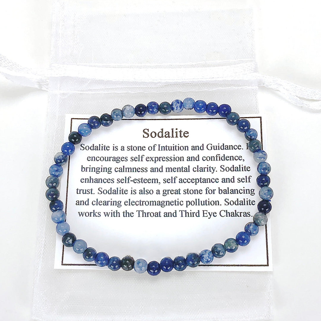 Men's Sodalite 4mm Beaded Gemstone Bracelet with a description card.