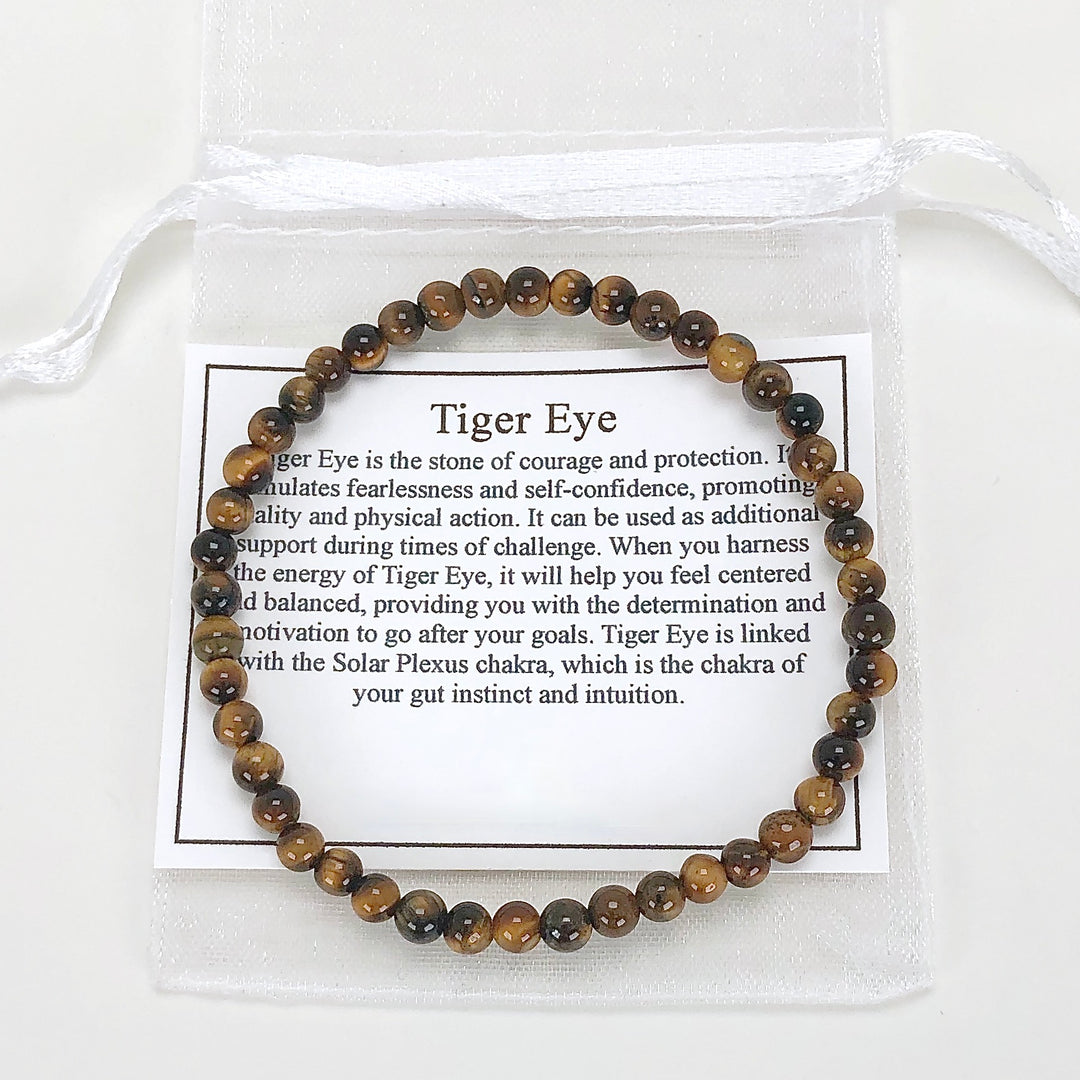 Men's Tiger Eye 4mm Beaded Gemstone Bracelet with a description card.